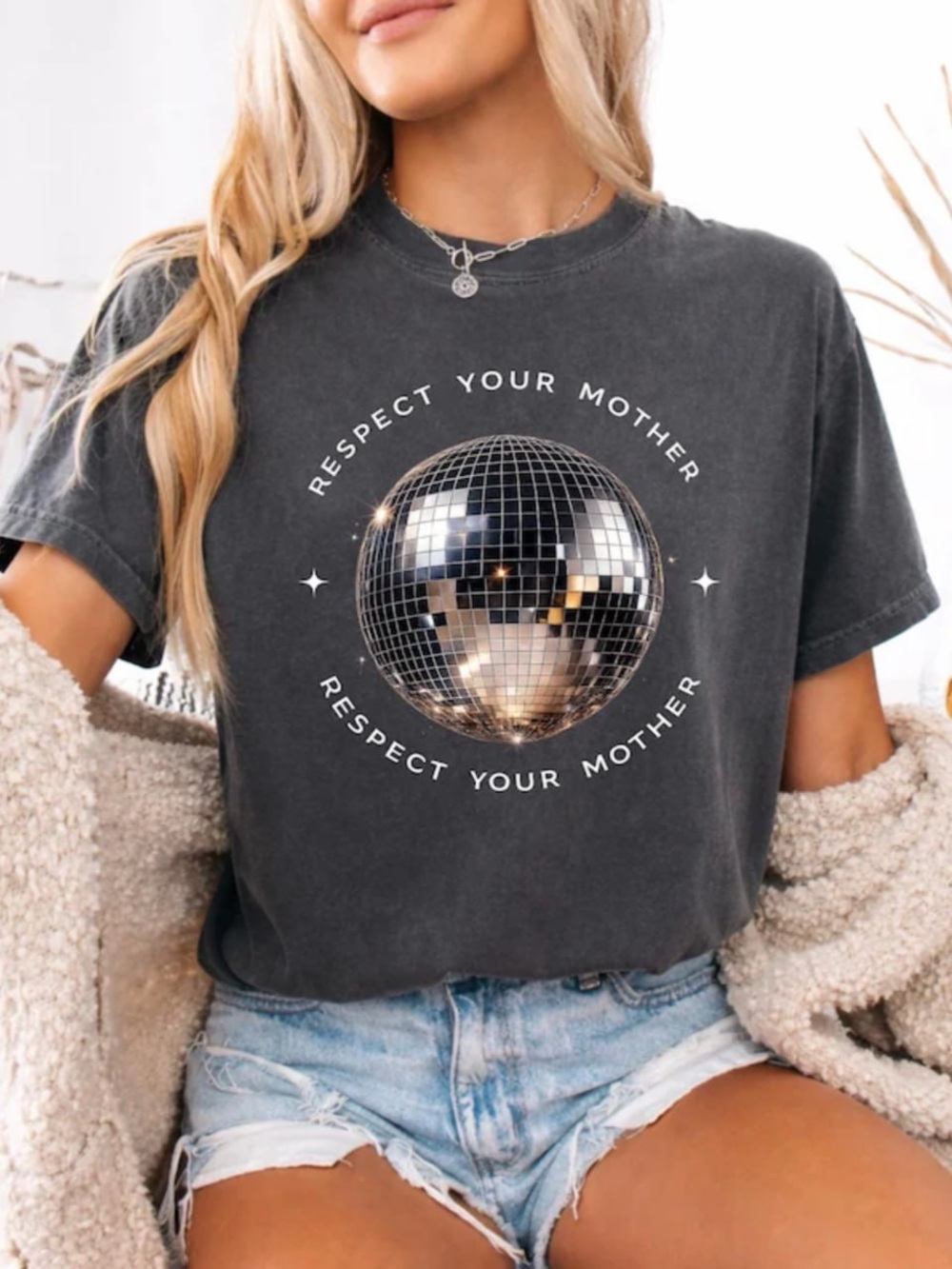 Charcoal Tee with Silver Disco Ball Graphic